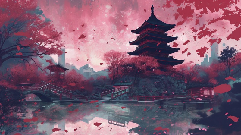 唯美古塔亭台浓春飞花满江手绘插画,插画/手绘图,插画/手绘图库,插画/手绘图下载,插画/手绘